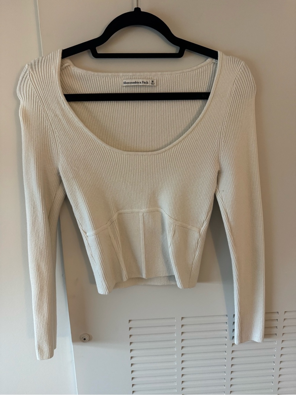 Abercrombie & Fitch Cream Ribbed Scoop-Neck Fitted Sweater
